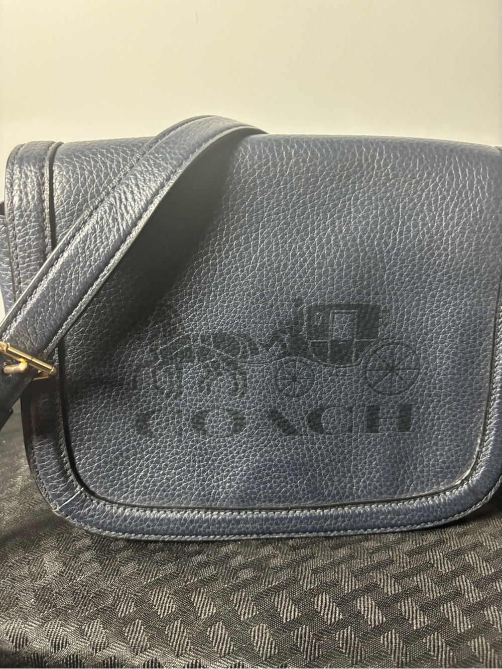 Coach Navy Pebbled Leather Messenger Bag with Carriage Logo